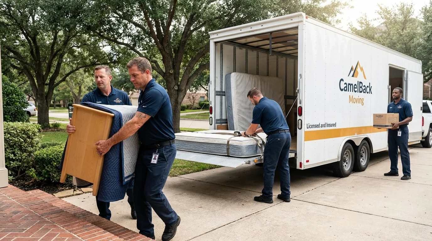 Crew loading residential truck for cross-state move from Whitesboro, TX