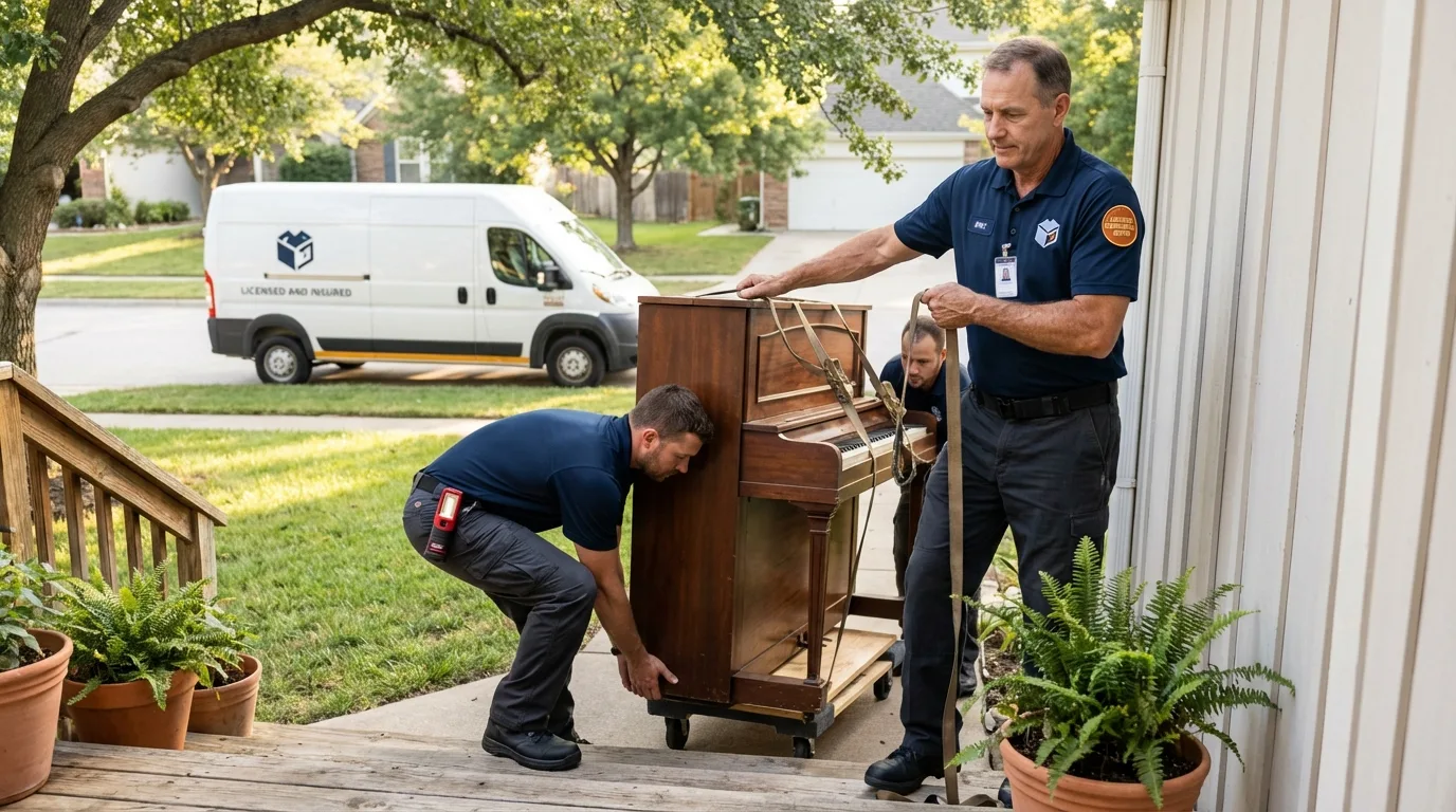 Licensed piano movers securing grand piano in Whitesboro, TX