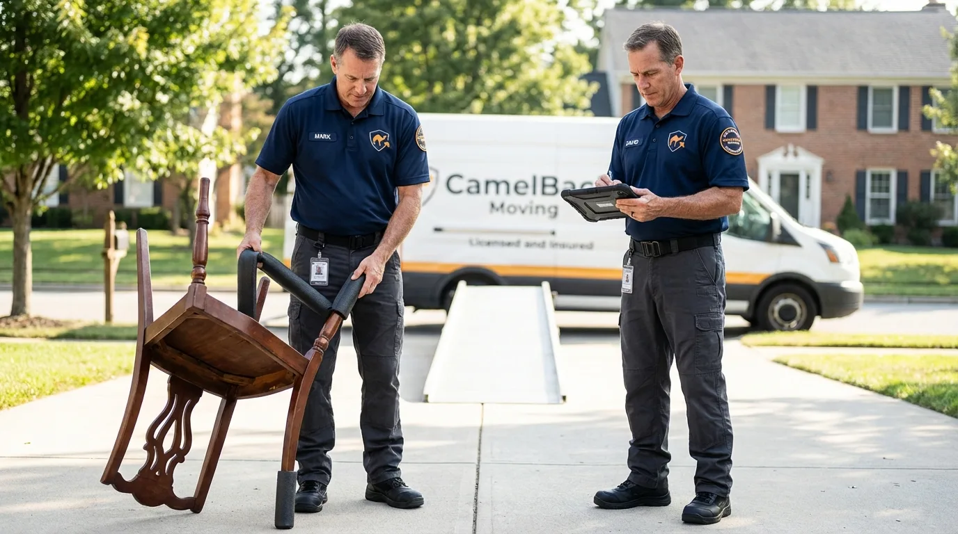 Movers inspecting furniture for damage prevention before loading in Whitesboro, TX