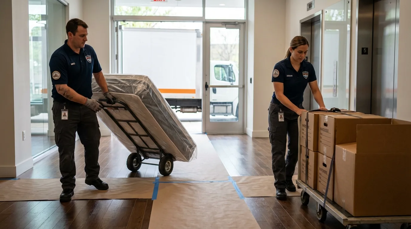 Professional apartment movers loading elevator in Whitesboro, TX